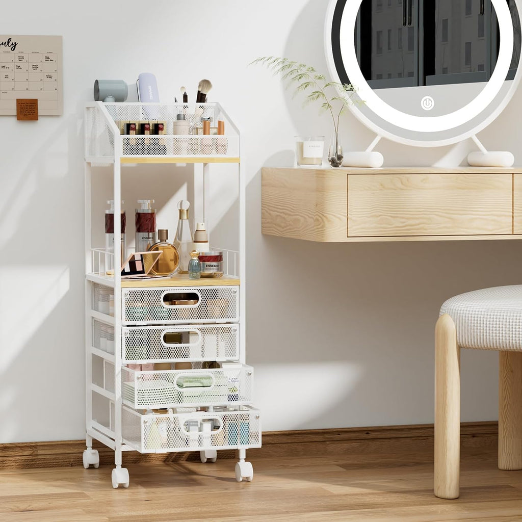 HapiRm Rolling Cart Makeup Organizer - Metal Makeup Cart with Wheels and Drawers for Small Spaces & Messy Vanities, Space-Saving Beauty Cosmetics Cart Storage Cabinet Stand for Perfume Hair Tools