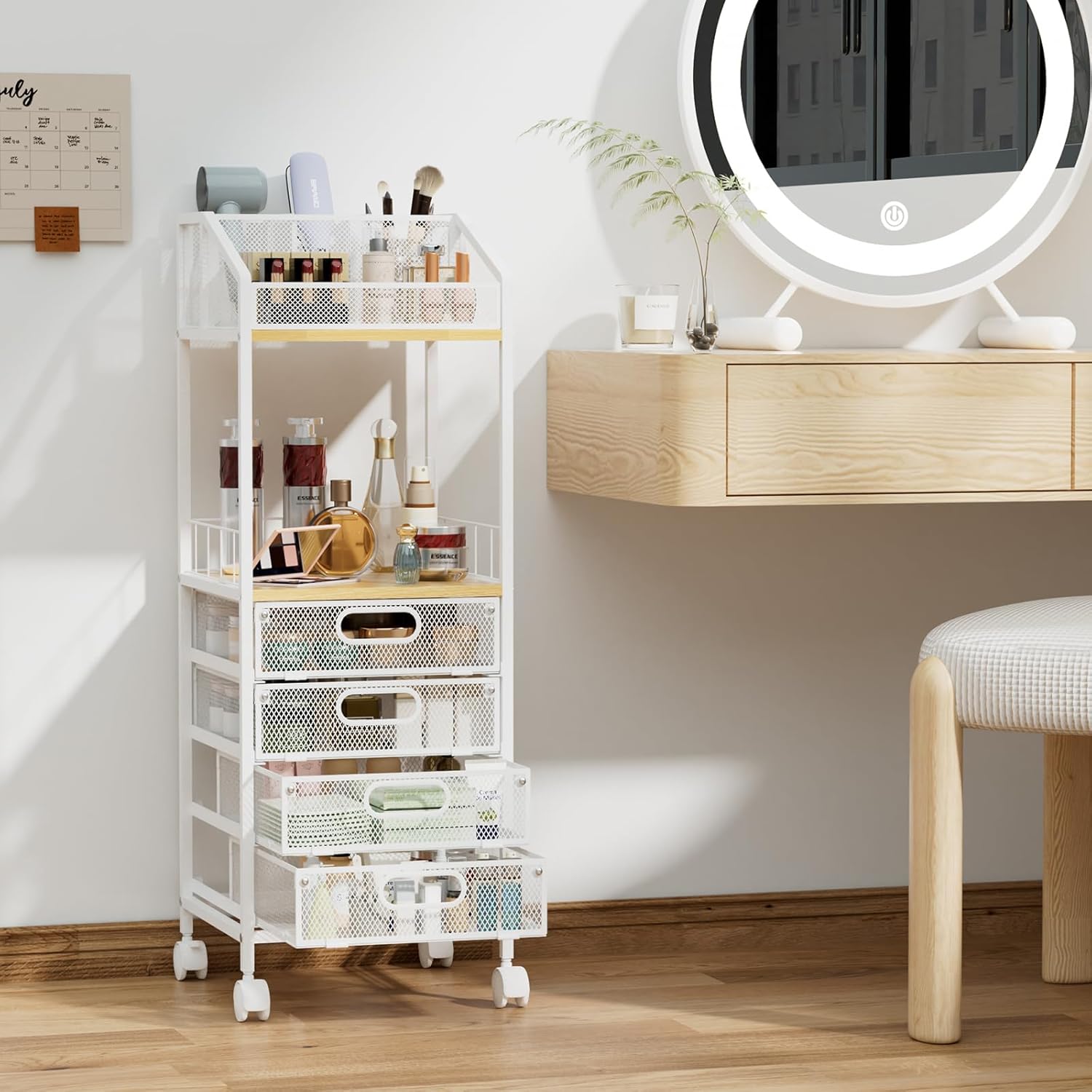 HapiRm Rolling Cart Makeup Organizer - Metal Makeup Cart with Wheels and Drawers for Small Spaces & Messy Vanities, Space-Saving Beauty Cosmetics Cart Storage Cabinet Stand for Perfume Hair Tools