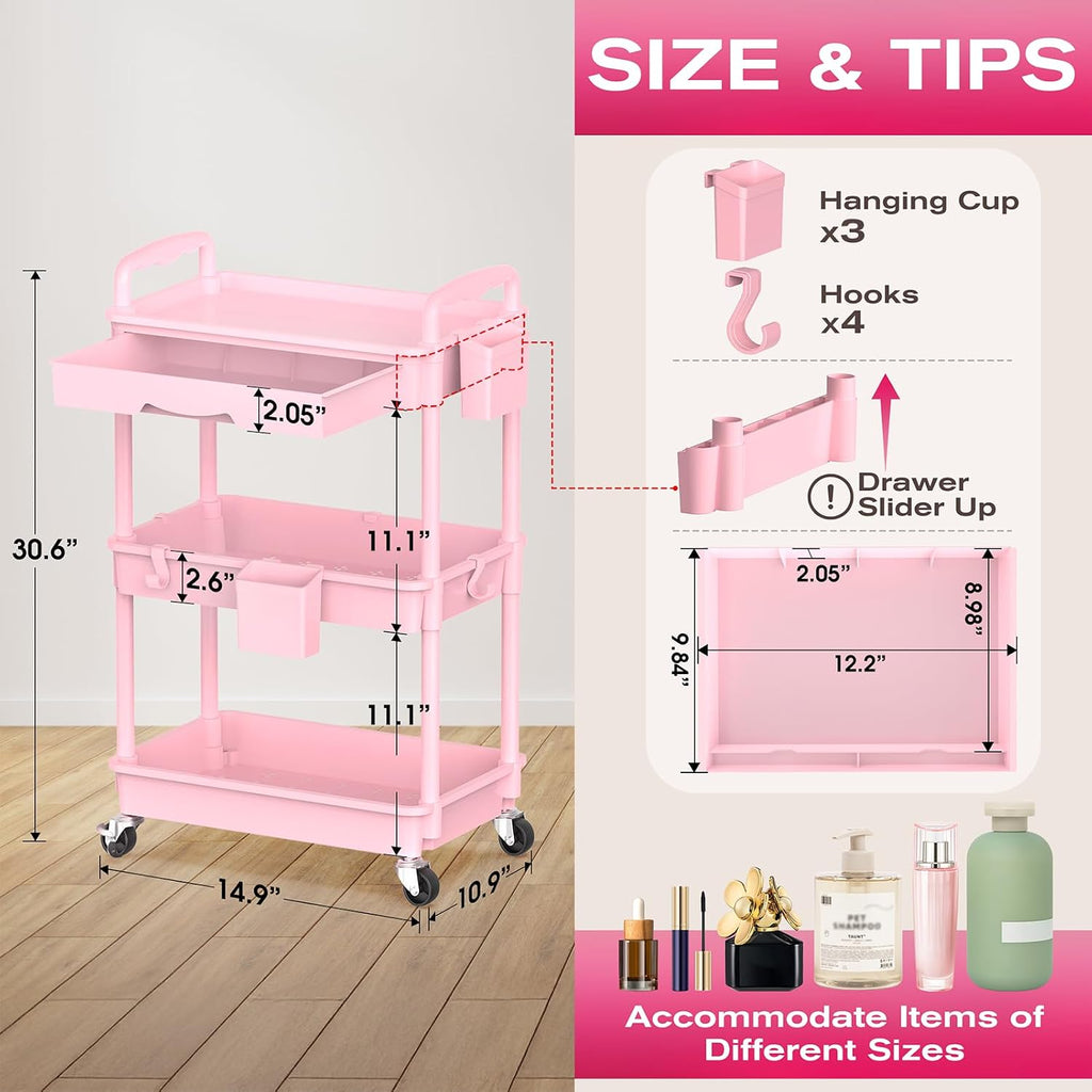 Goovilla Rolling Makeup Organizer Cart with Removable Drawer, 3 Tier Pink