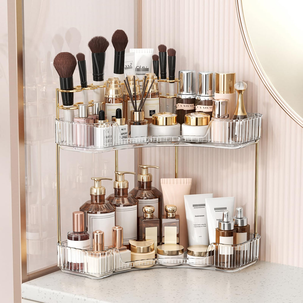 BEFSOP Corner Bathroom Counter Organizer, Upgraded 3-Tier Makeup Organizer Countertop with Makeup Brush Holder, Skincare Exquisite Vanity Organizers Countertop Bathroom Storage Dresser(CLEAR)