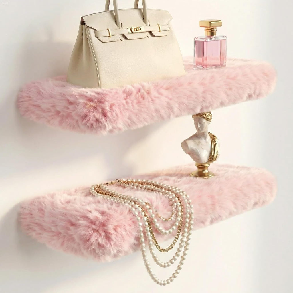 Furry Floating Shelves for Wall,2 Pack Wood Shelf with Plush Soft Shag Cover, Wall Mounted Shelves for Bedroom, Living Room, Suitable for Storing Valuable Collectibles, High Heels, Bags, Jewelry, Pink