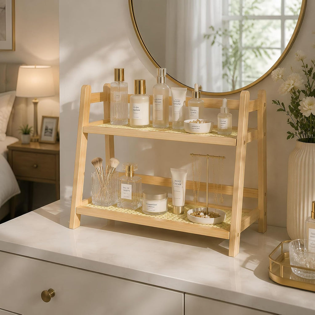 Rattan-Look Bathroom Counter Organizer, Countertop Shelf for Bathroom Decor