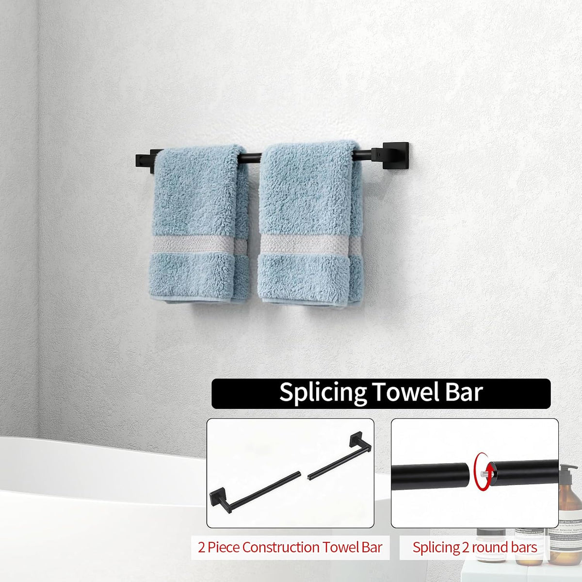 MKO Towel Bar for Bathroom, 24" 2 Pack Wall Mounted Towel Rack, Black