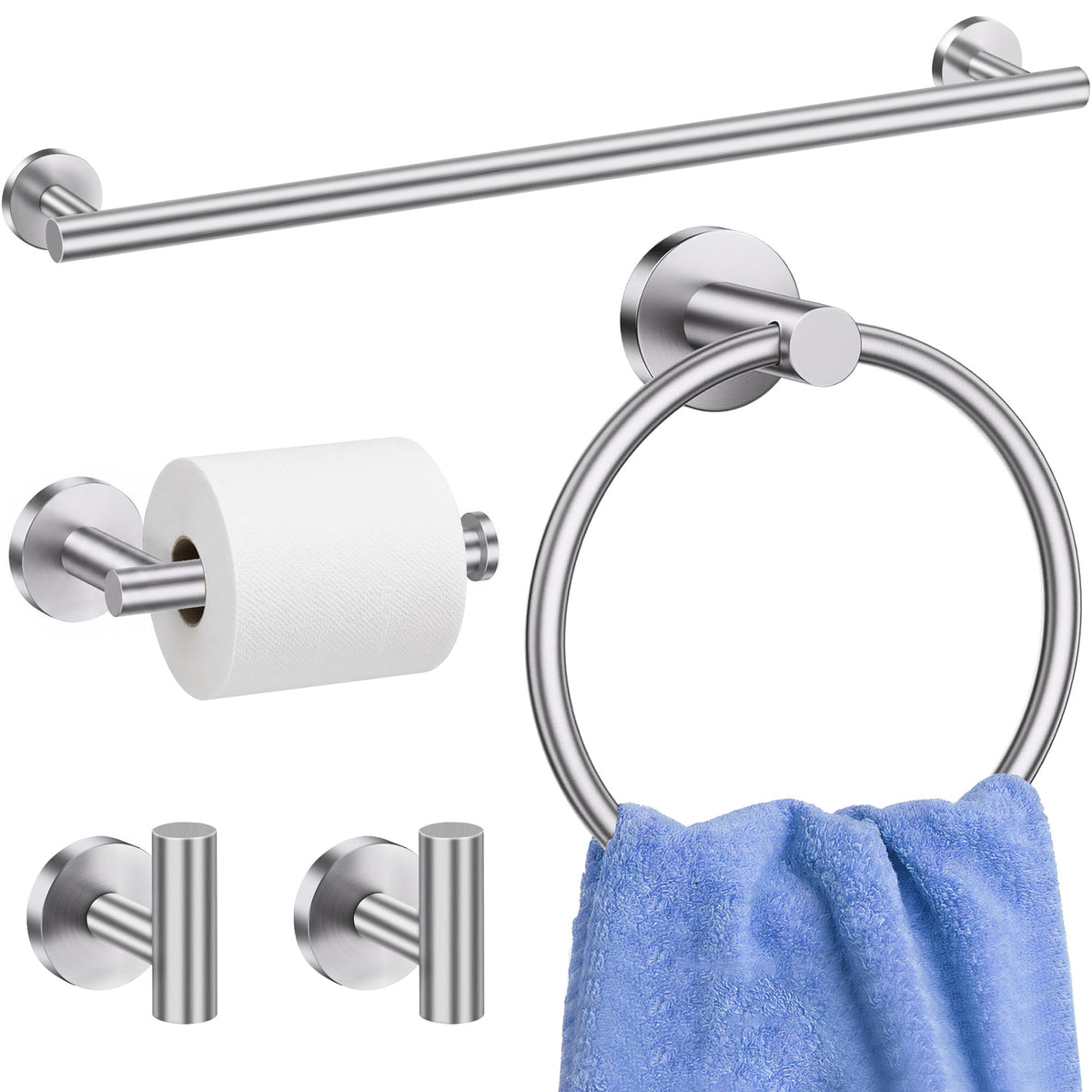 5 Pieces Bathroom Hardware Accessories Set Brushed Gold, 24Inch Bathroom Towel Rack Set SUS304 Stainless Steel, Round Toilet Paper Holder with Shelf Heavy Duty, Wall Mounted