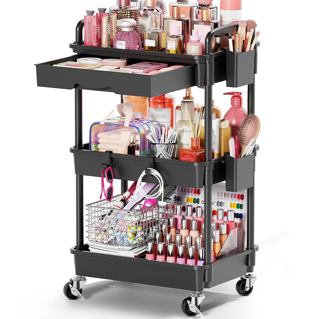 Goovilla Rolling Makeup Organizer Cart with Removable Drawer, 3 Tier Pink