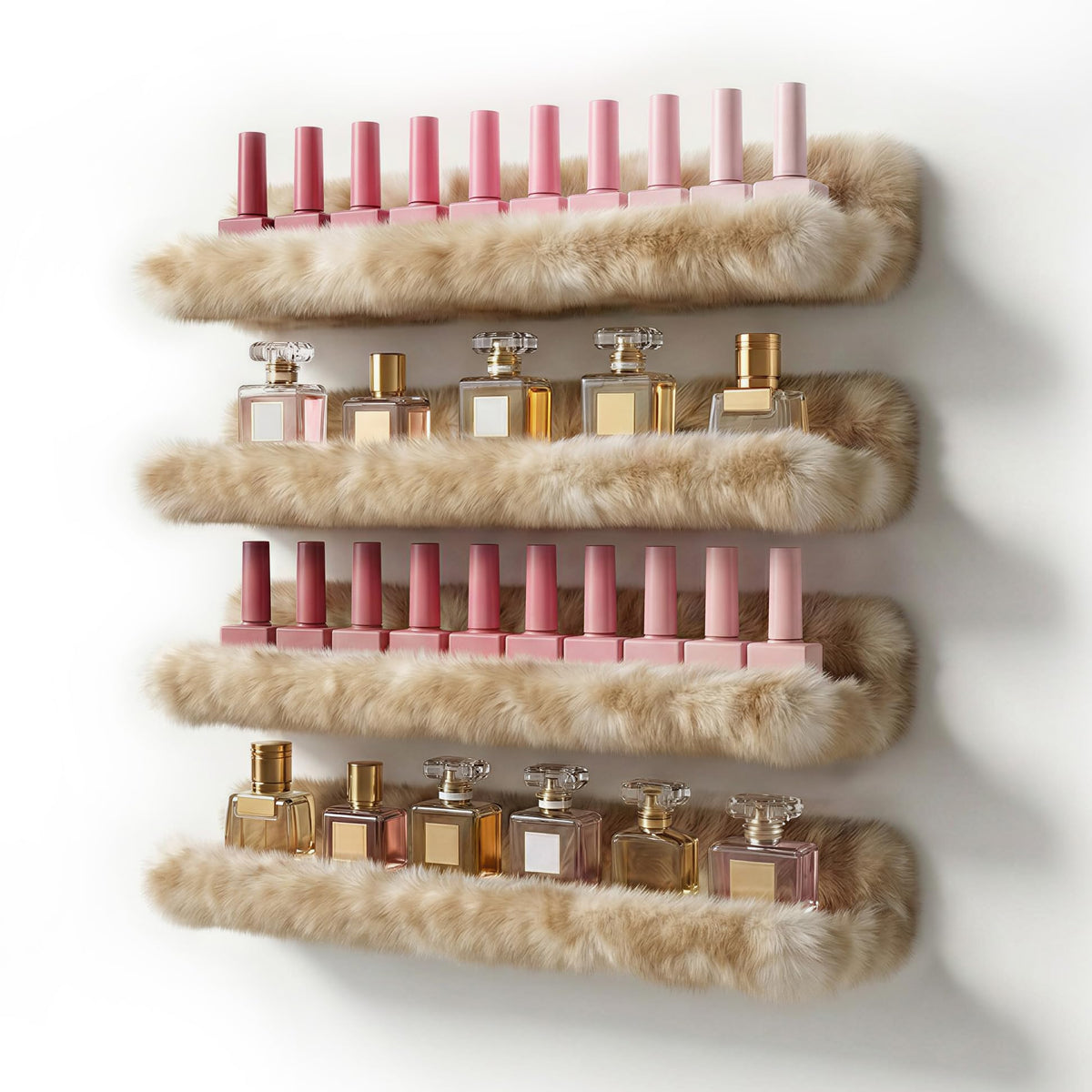 Care&More YJ 15 Inch Nail Polish Shelves, 4-Pack Fuzzy Display Nail Polish Rack for Storing Nail Bottles, Sunglasses, Essential Oils, Plush Soft Pink