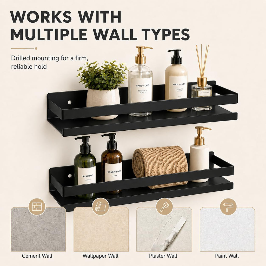 Shower Floating Shelves, Wall-Mounted Caddy, 15.75 in, 2 Pack Black
