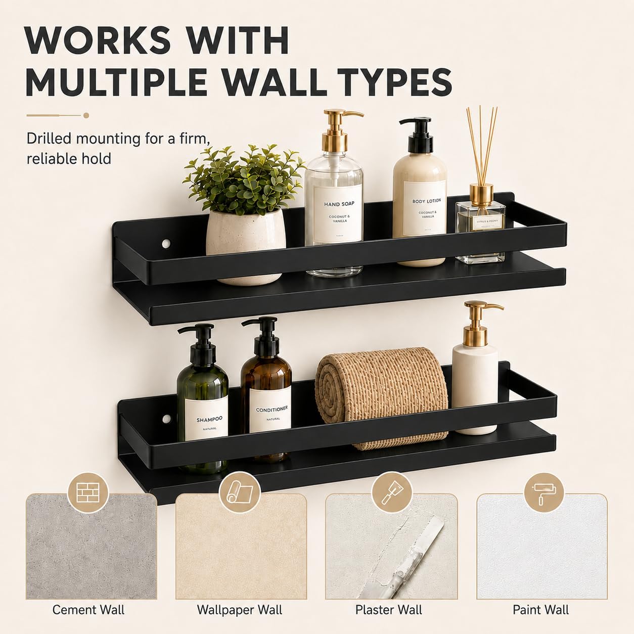 Shower Floating Shelves, Wall-Mounted Caddy, 15.75 in, 2 Pack Black