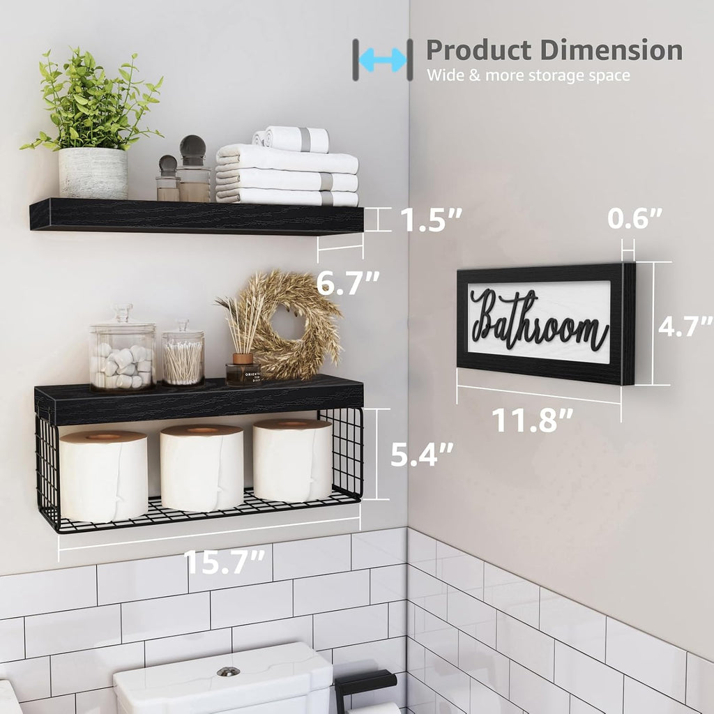 QEEIG ‎Bathroom Shelves with Decor Sign (Black, 15.7")