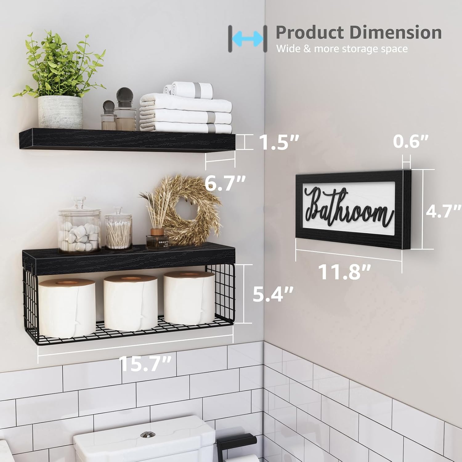 QEEIG ‎Bathroom Shelves with Decor Sign (Black, 15.7")