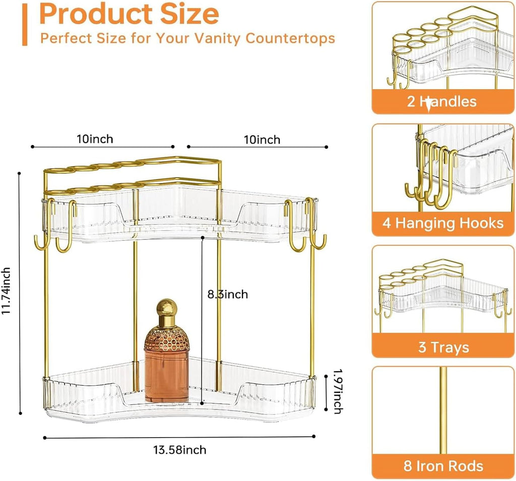 2-Tier Corner Bathroom Counter Organizer，Makeup & Skincare Shelf with Built-in Brush Holder，Space-Saving Bathroom Countertop Organizer for Skincare, Perfume, Cosmetics(Clear)