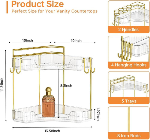 2-Tier Corner Bathroom Counter Organizer，Makeup & Skincare Shelf with Built-in Brush Holder，Space-Saving Bathroom Countertop Organizer for Skincare, Perfume, Cosmetics(Clear)