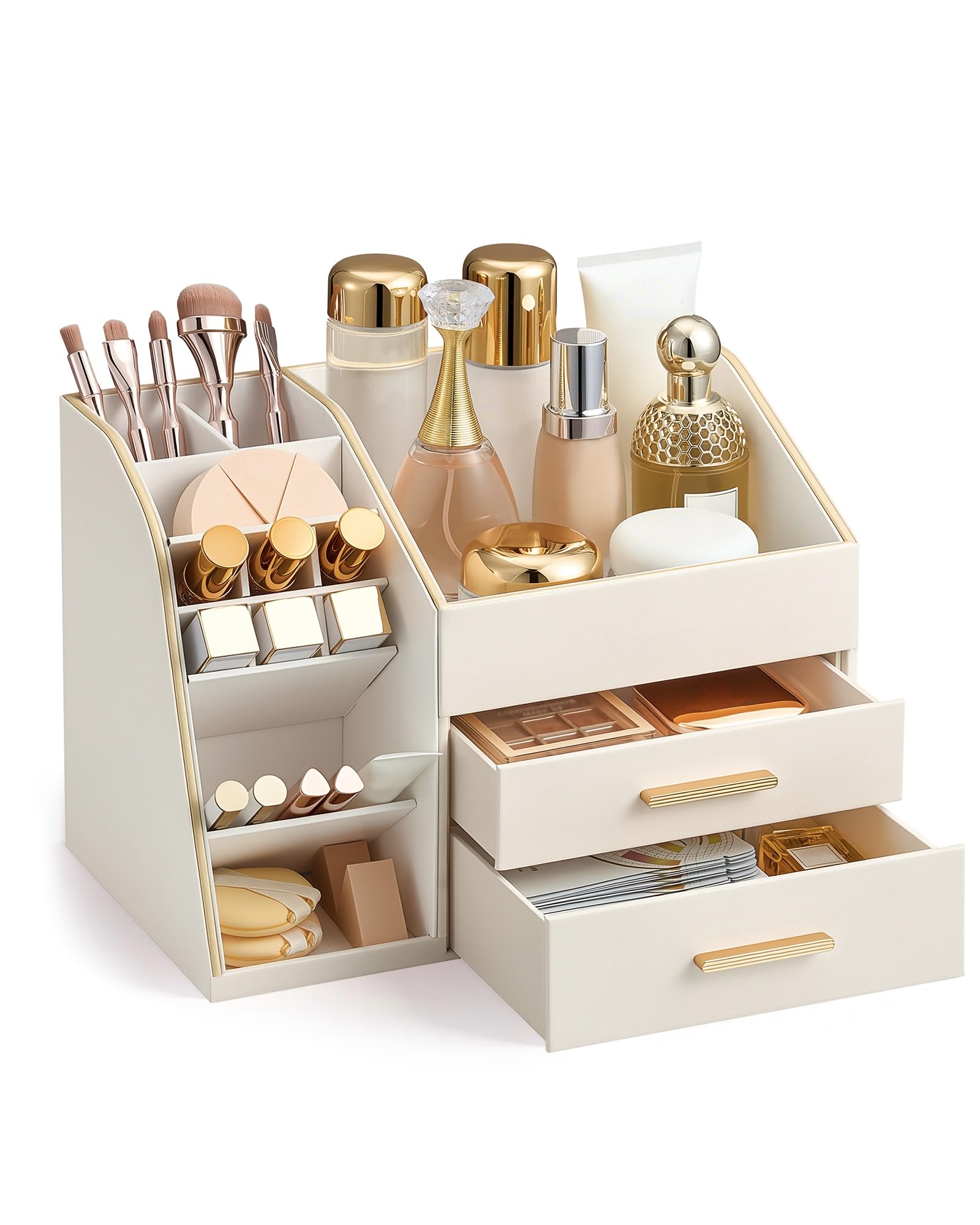 Lolalet Makeup Organizer Countertop with Drawers, Easy to Clean PU Leather Storage Box, 3-Layer Cosmetic Holder for Skincare, Lipstick, Perfume & Brush, Display Case for Vanity Dresser Bathroom -Cream