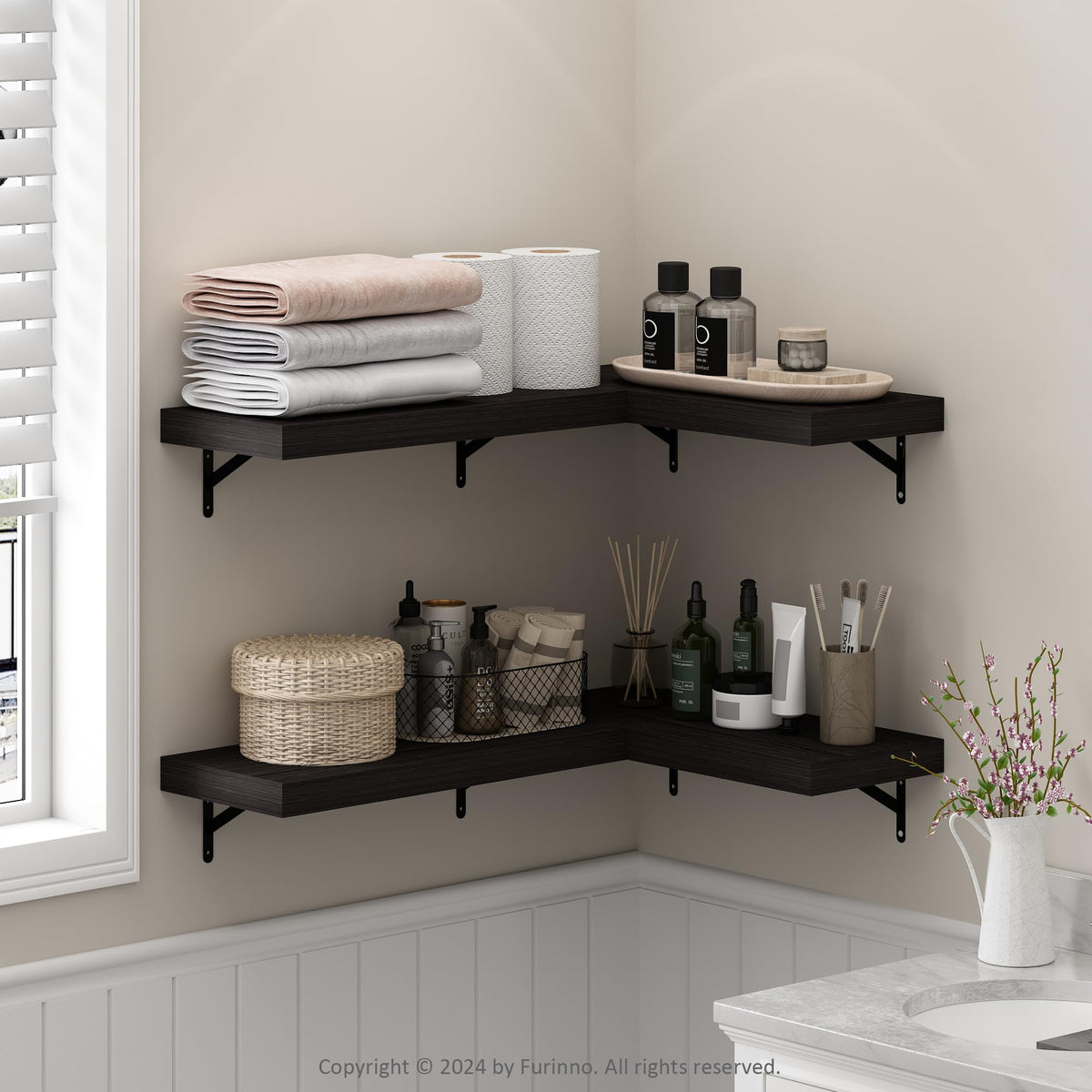 Furinno Tanna Floating Shelves for Wall Set of 2, 15-Inch Bathroom Wall Shelf, Wall Mounted Shelf, for Bathroom Organizers and Storage, Living Room, White Texture