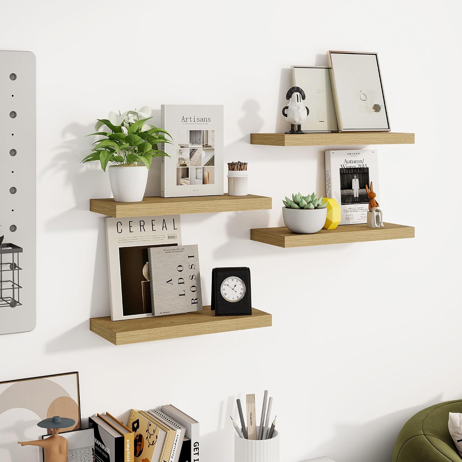 Venusmiles Bathroom Floating Shelves for Wall, 15" Wall Mounted Shelves with Invisible Brackets, 4 Small Wood Floating Wall Shelf Shelves for Living Room, Bedroom, Kitchen, Bathroom (Oak)