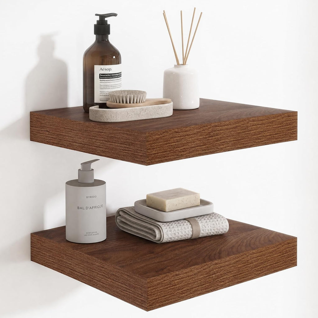 Deep Floating Shelves for Wall, 12 Inch Wide Small Wall Shelves Set of 2, 2 Inch Thick Invisible Wall Mounted Shelves for Bathroom Bedroom Nursery,Walnut Color