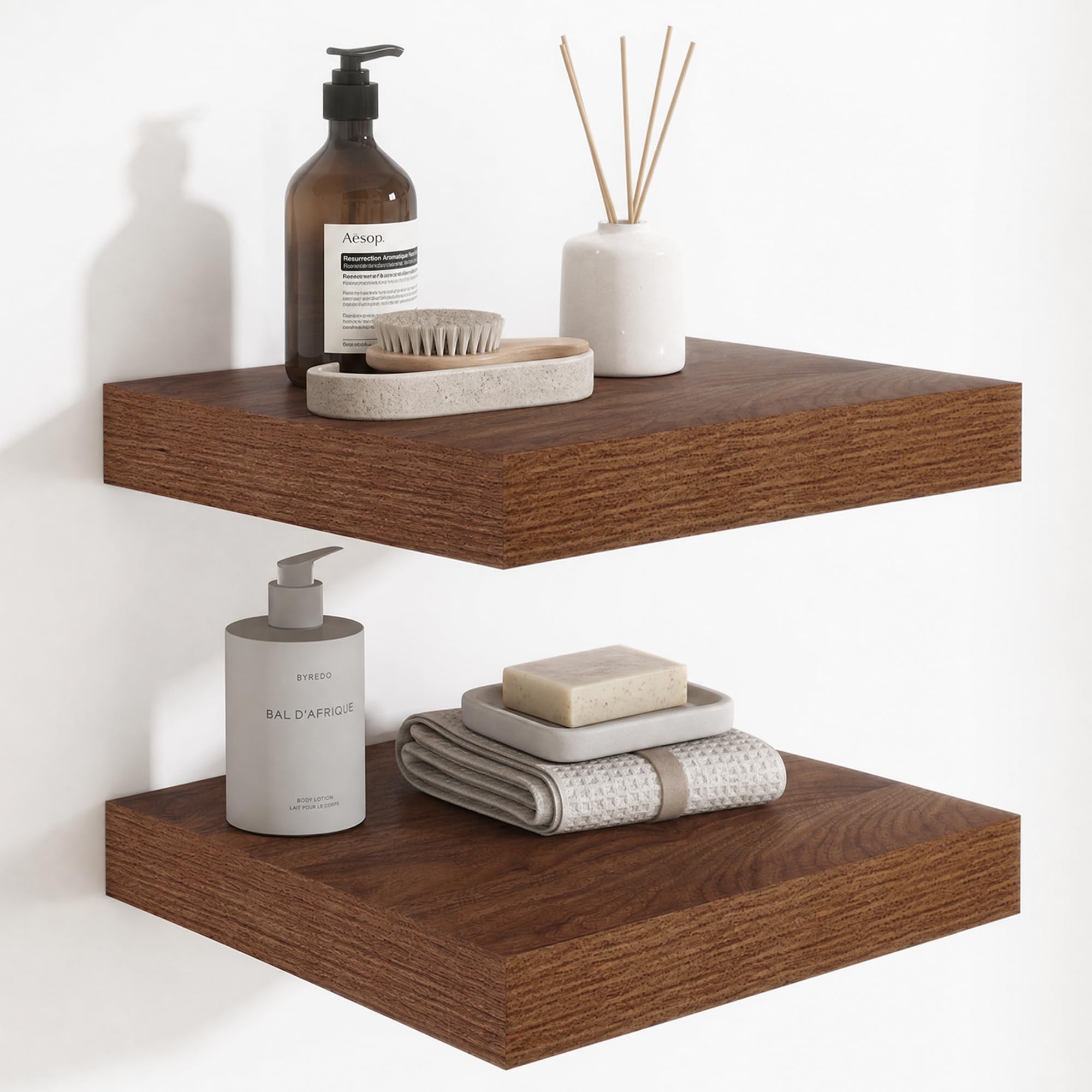 Deep Floating Shelves for Wall, 12 Inch Wide Small Wall Shelves Set of 2, 2 Inch Thick Invisible Wall Mounted Shelves for Bathroom Bedroom Nursery,Walnut Color