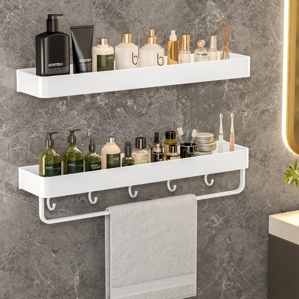 Wall Mounted Bathroom Shelves, 2-Tier Floating Shelf with Removable Hooks, Bathroom Wall Organizer(Gray)