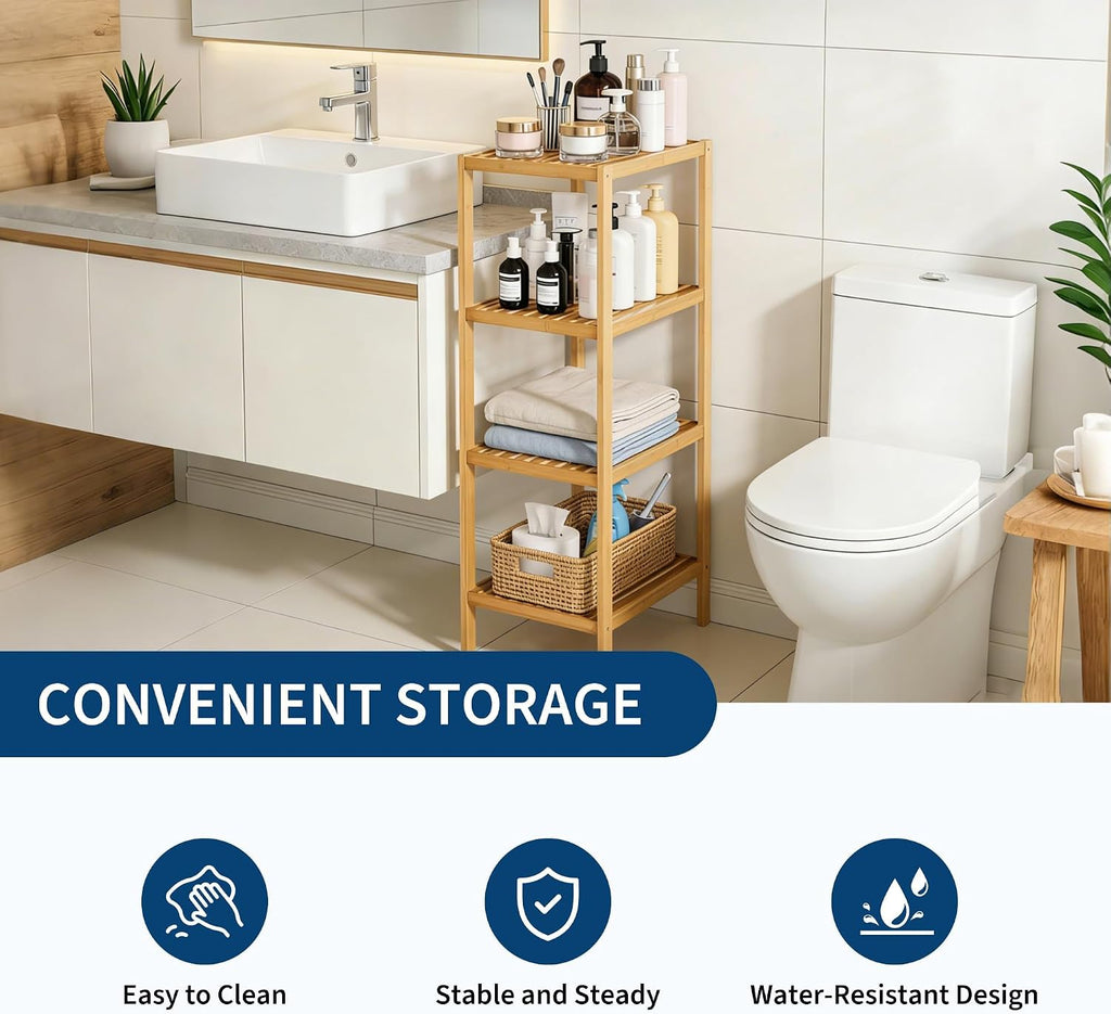 4 Tier Bathroom Shelf, Waterproof Bamboo Shelf for Bathroom