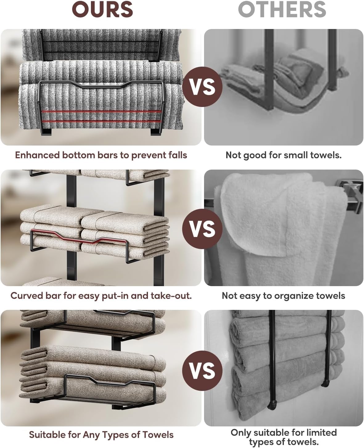 Aetyord Hanging Towel Racks for Bathroom No Drill - 6-Tier Over The Door Bath Towel Storage Organizer for Small Bathrooms - Tiered Back of Door Towel Holder Hanger for Rolled Towels RV Camper Black