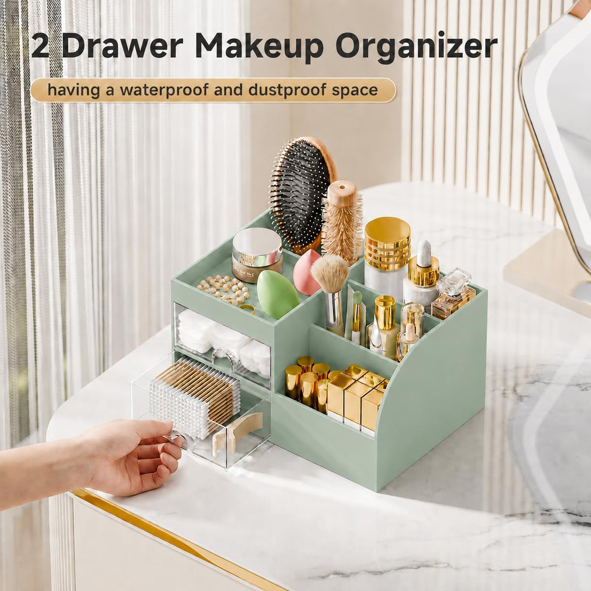 Makeup Organizer with 2 Drawers, Makeup Organizers Countertop for Vanity and Bathroom, Make up organization and Skincare Storage with Brush Holder, for Dresser, Desktop, Cosmetic Display Case(Green)