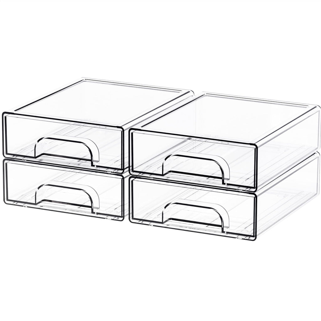 Yieach 4 Pack Clear Stackable Storage Drawers,4.4'' Tall Acrylic Drawer Containers for Organizing,Bathroom Organizers and Storage Bin Box,Plastic Makeup,Medicine Organizer Bins for Cabinet,Undersink