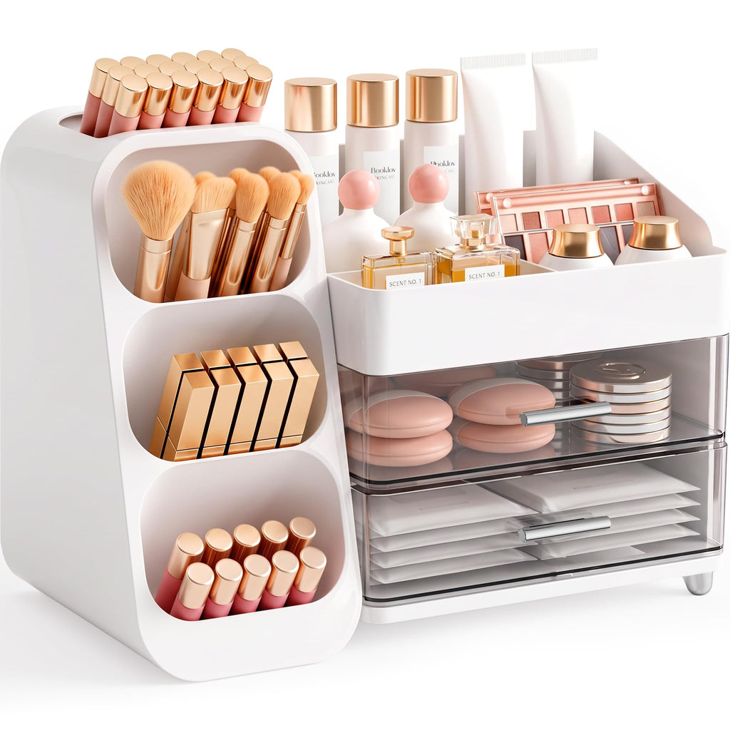 Booklov Small Makeup Organizer for Vanity Countertop, Cream