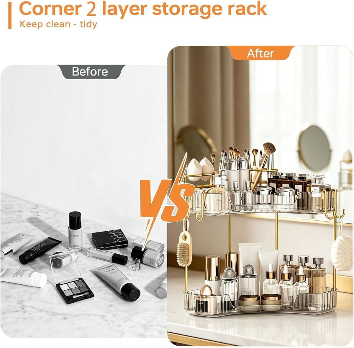 2-Tier Corner Bathroom Counter Organizer，Makeup & Skincare Shelf with Built-in Brush Holder，Space-Saving Bathroom Countertop Organizer for Skincare, Perfume, Cosmetics(Clear)