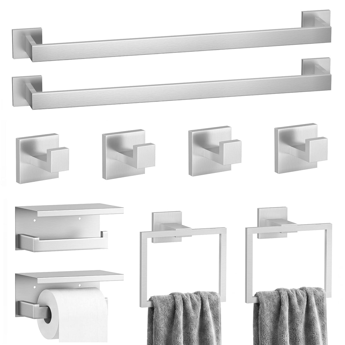 5-Piece Bathroom Hardware Set, 23.6 Inch Towel Bar Set SUS304 Stainless Steel Towel Racks for Bathroom Round Towel Bar, Towel Ring, Toilet Paper Holder, 2 Robe Hooks, Wall Mounted (Black)