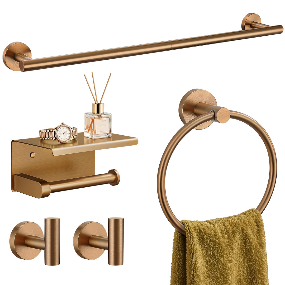 TURS Brushed Gold 5 Piece Bathroom Hardware Set, SUS304 Stainless Steel 24 Inch Bath Towel Bar Set, Round Bathroom Accessories Kit Wall Mounted