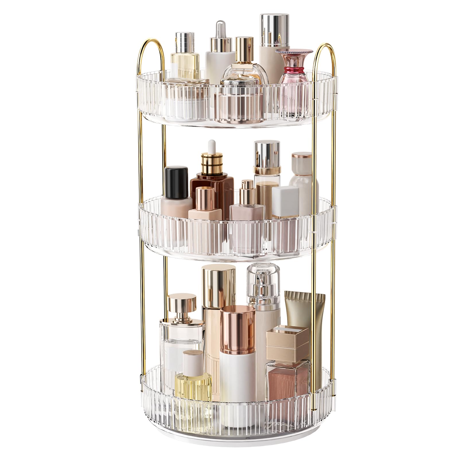 360° Rotating Makeup Organizer, Large-Capacity Skincare Make Up Storage 3 Tier Perfume Organizers Cosmetic Dresser Organizer with Makeup Brush Holder, Fits Bedroom, Bathroom, Vanity Shelf Countertop