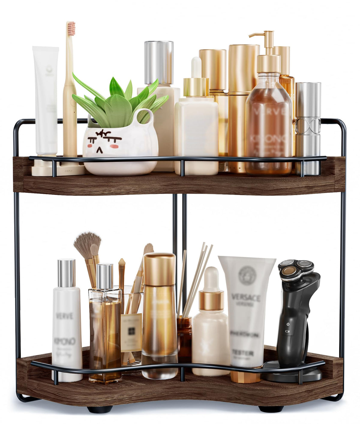 2-Tier Corner Bathroom Counter Organizer, Larger, Dark Brown
