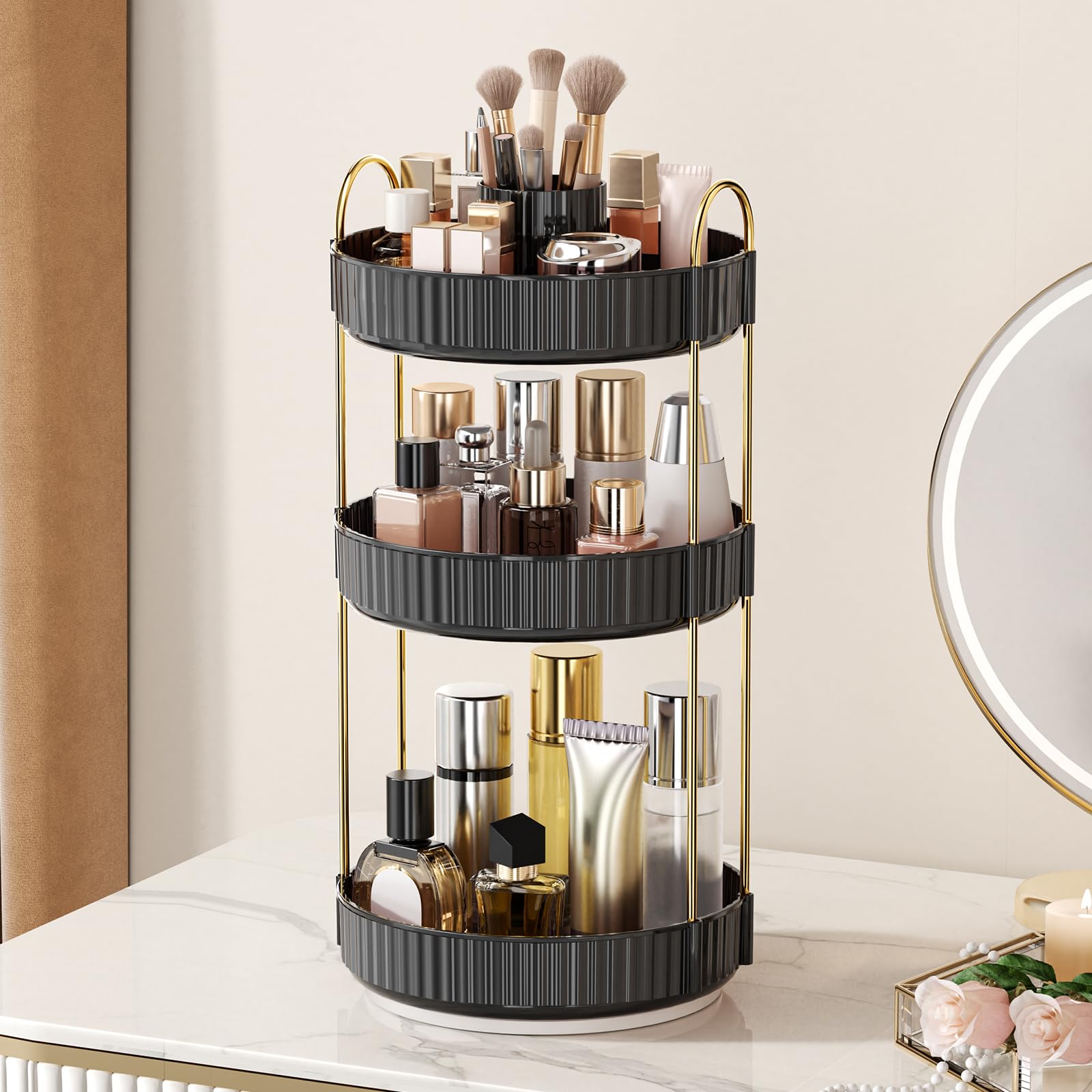 360° Rotating Makeup Organizer, Upgraded 3 Tier Skincare Perfume Organizers for Women, Bathroom Organizer Countertop, Clear Cosmetic Dresser Organizer with Makeup Brush Holder, Sink&Counter(Amber)