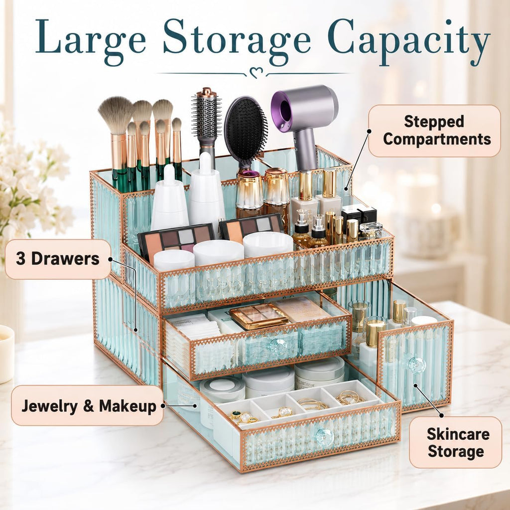 Youdepot Makeup Organizer Countertop - Tempered Glass Vanity Organizer for Cosmetics, Skincare, Hair Tools, Brushes, Perfume - Multipurpose Bathroom Counter Skincare Organizer