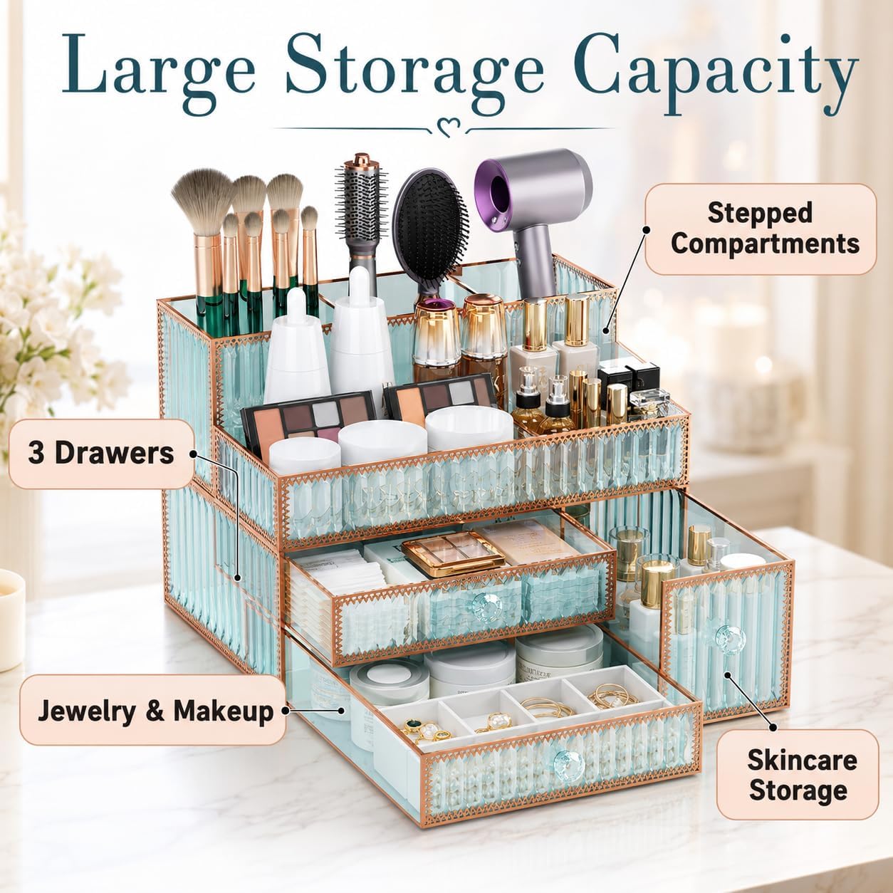 Youdepot Makeup Organizer Countertop - Tempered Glass Vanity Organizer for Cosmetics, Skincare, Hair Tools, Brushes, Perfume - Multipurpose Bathroom Counter Skincare Organizer