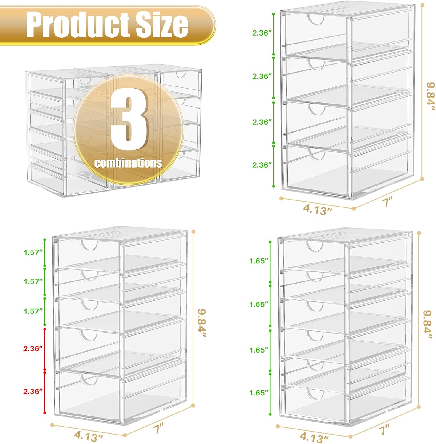 YFXCVSL 3-Pack Acrylic 15-Drawer Storage & Makeup Organizer for Desk
