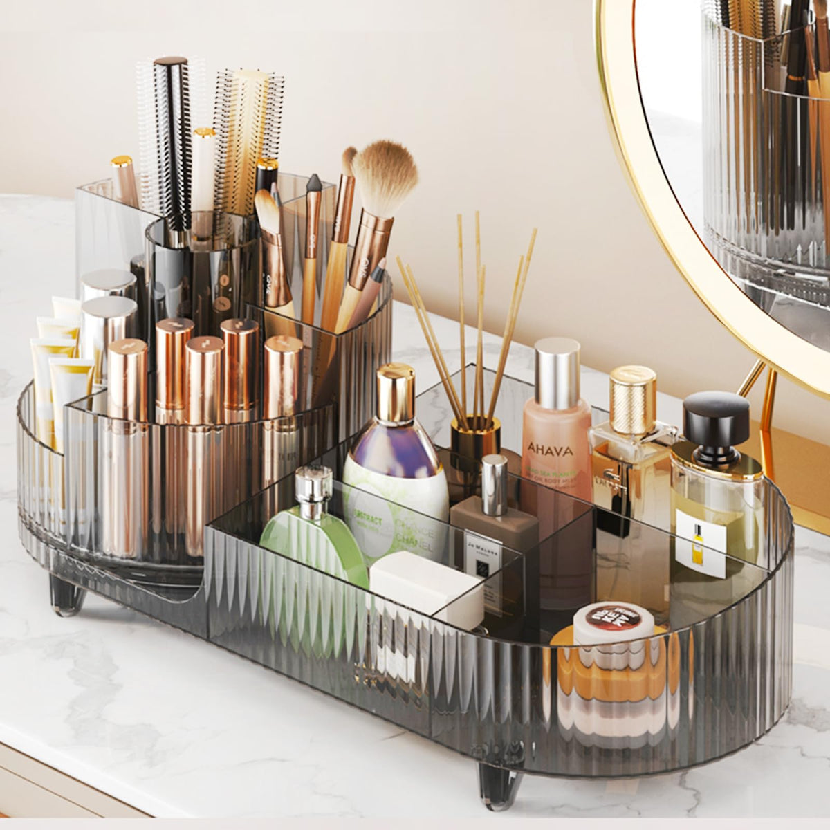 Rotating Makeup Organizer for Vanity with Brush Holder and Drawer, Cosmetic Makeup Storage, Large Spinning Makeup Skincare Organizer, Countertop Makeup Perfume Organizer, Lotions Display Case (Green)