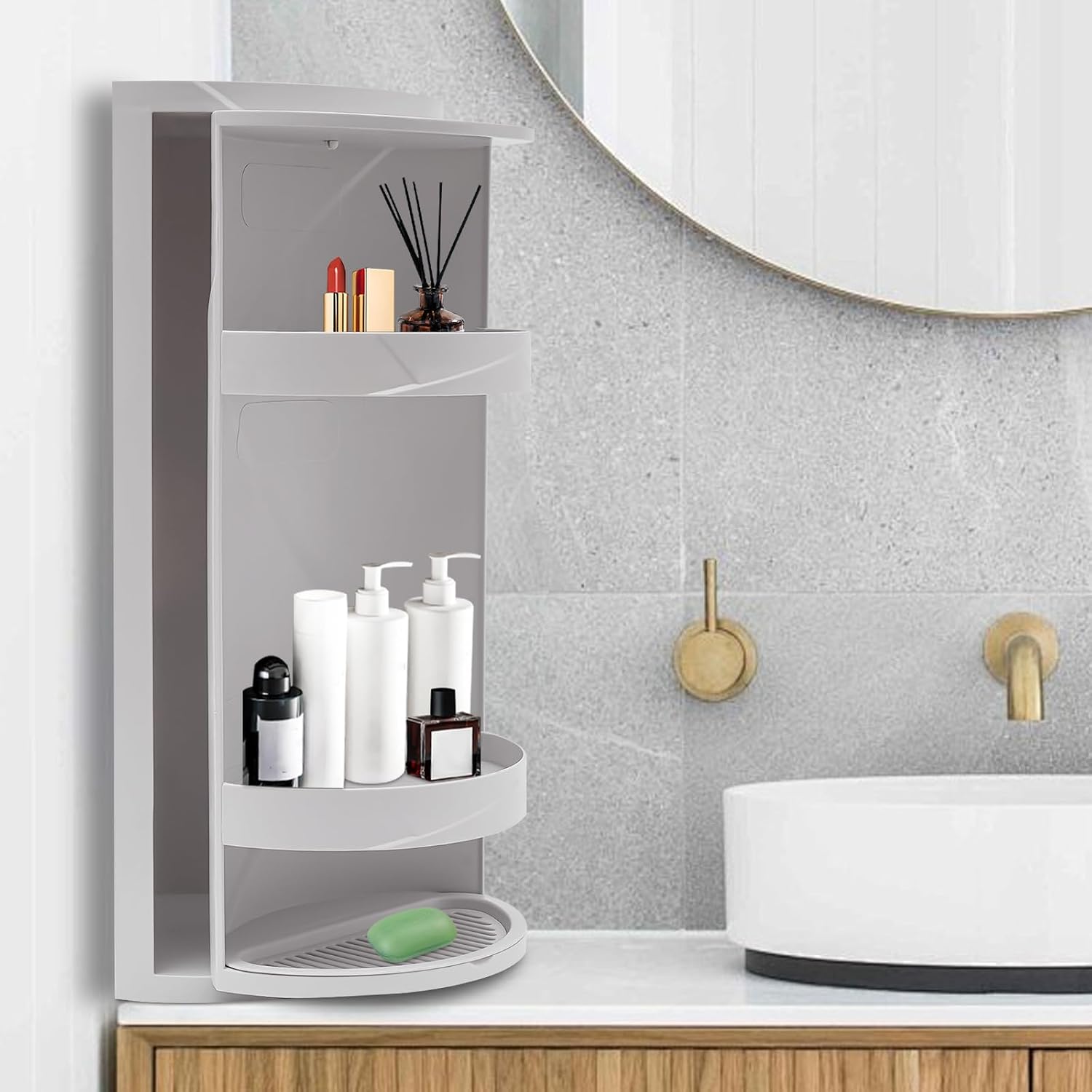 Multifunction Bathroom Kitchen Corner Locker 3-Tier Rotating Triangle Shelf Water Resistant Corner Shelf Stand for Bedrooms, Bathrooms, Kitchens, Living Rooms, Study Rooms (Gray-White)