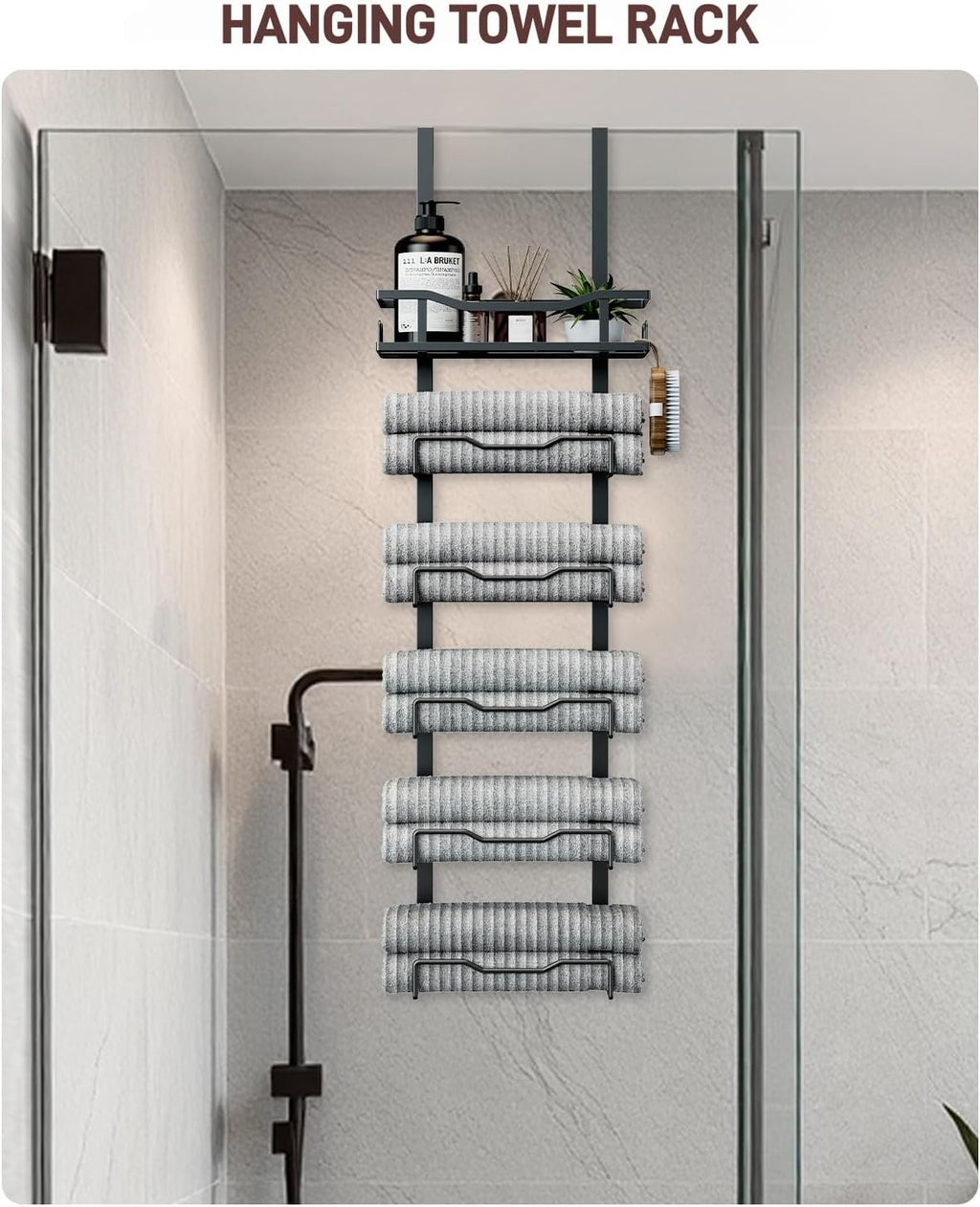 Aetyord Hanging Towel Racks for Bathroom No Drill - 6-Tier Over The Door Bath Towel Storage Organizer for Small Bathrooms - Tiered Back of Door Towel Holder Hanger for Rolled Towels RV Camper Black