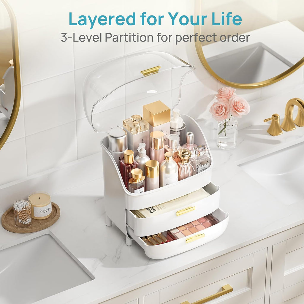 Vtopmart 3-Tier Skincare Makeup Organizer with Drawer and LId, White