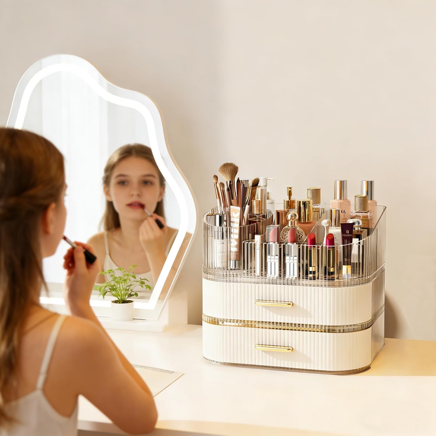 Makeup Organizer with 360 Rotating Brush Holder and Stackable Drawers, Cosmetic Display Case for Vanity, Bathroom Countertop (White, 3 Layer)