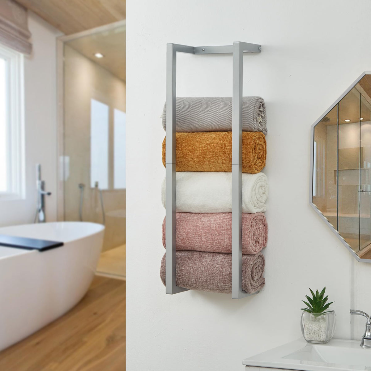 Towel Rack for Rolled Towels, Towel Rack for Bathroom,Wall Mounted Metal Bathroom Organizer, Bath Towel Holder Wall for Modern Small Space Bathroom Towel Storage (Black)