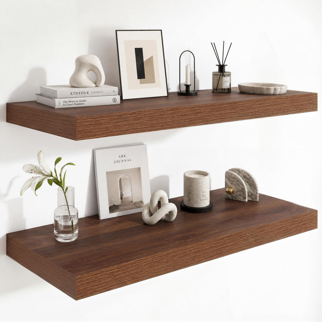 Deep Floating Shelves for Wall, 12 Inch Wide Small Wall Shelves Set of 2, 2 Inch Thick Invisible Wall Mounted Shelves for Bathroom Bedroom Nursery,Walnut Color
