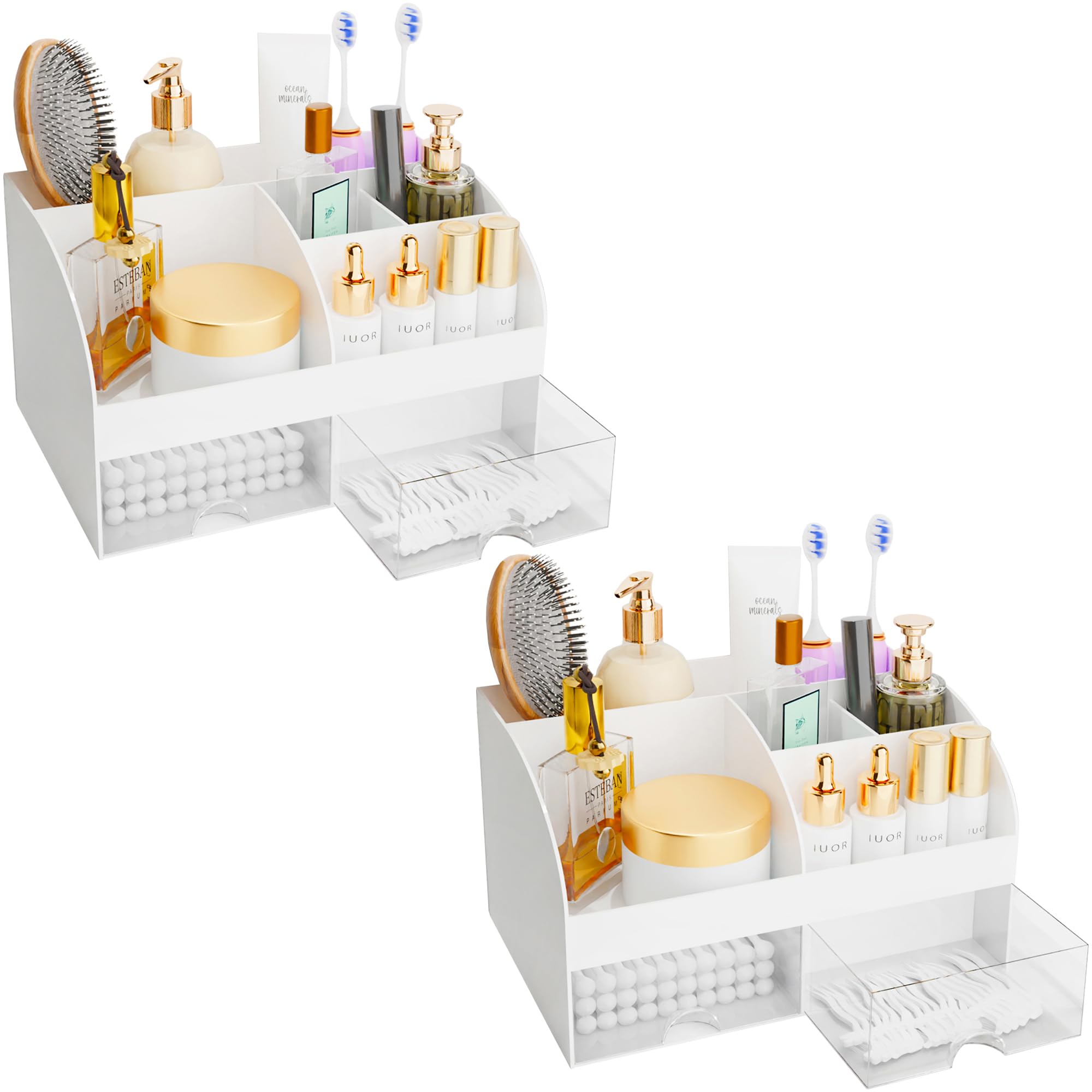 Makeup Organizer with Drawers, Cosmetic Storage for Dresser Vanity and Bathroom Countertop, Beauty Holder for Lipstick Brush, Skincare Organizer for Vanity, Cosmetic Display Case (Black-2Pack)