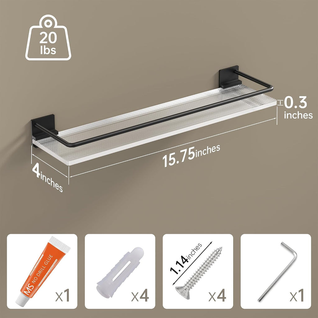 Acrylic Bathroom Floating Shelves - Set of 2, Wall Mounted Shelves for Suitable for Lavatory, Kitchen, Laundry Room, Farmhouse, for Item Storage/Room Decoration (Black)