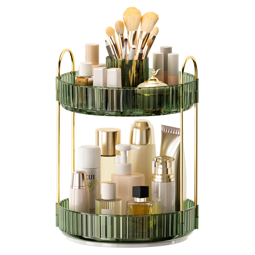 360° Rotating Makeup Organizer, Upgraded 3 Tier Skincare Perfume Organizers for Women, Bathroom Organizer Countertop, Clear Cosmetic Dresser Organizer with Makeup Brush Holder, Sink&Counter(Amber)