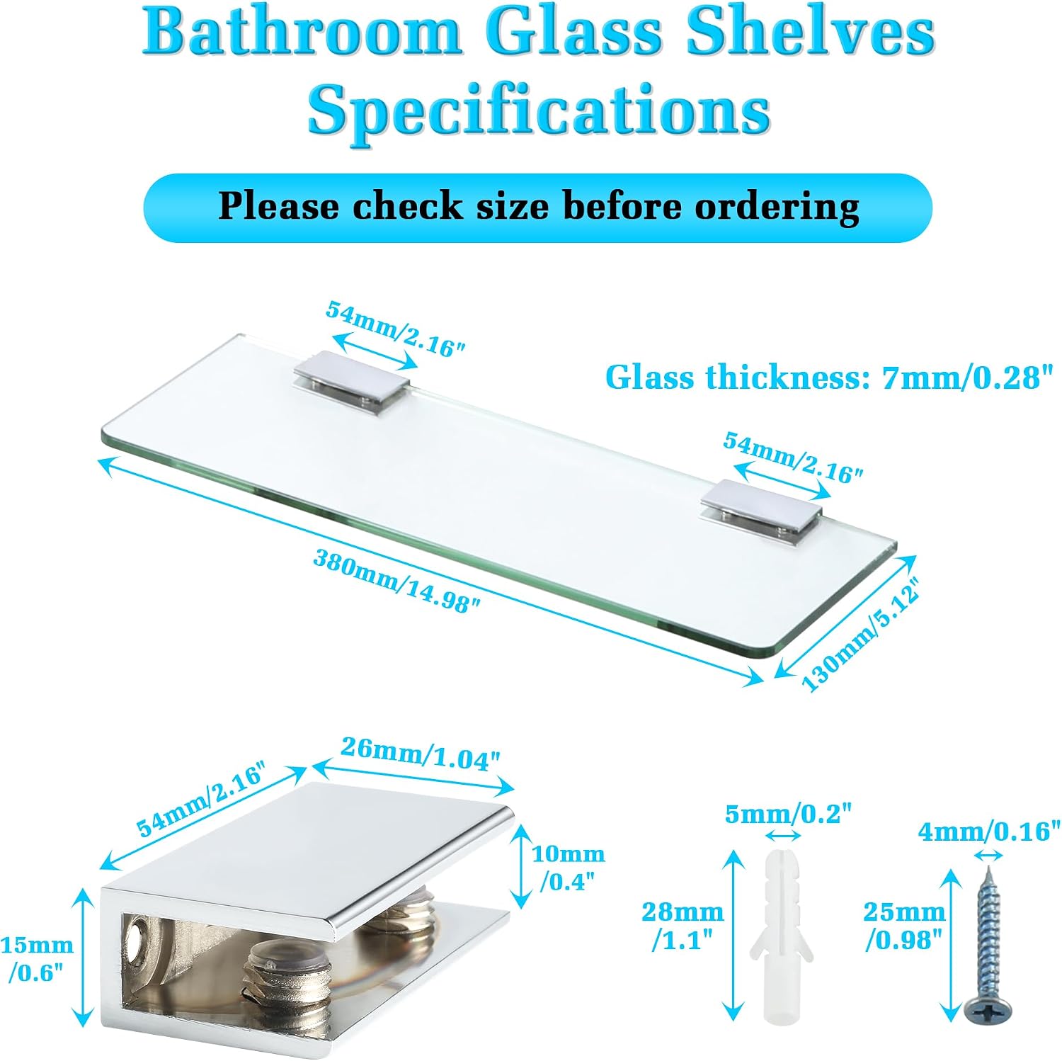Alise Glass Shelves for Bathroom,15 Inch Wall Mounted Floating Shelf,Chrome