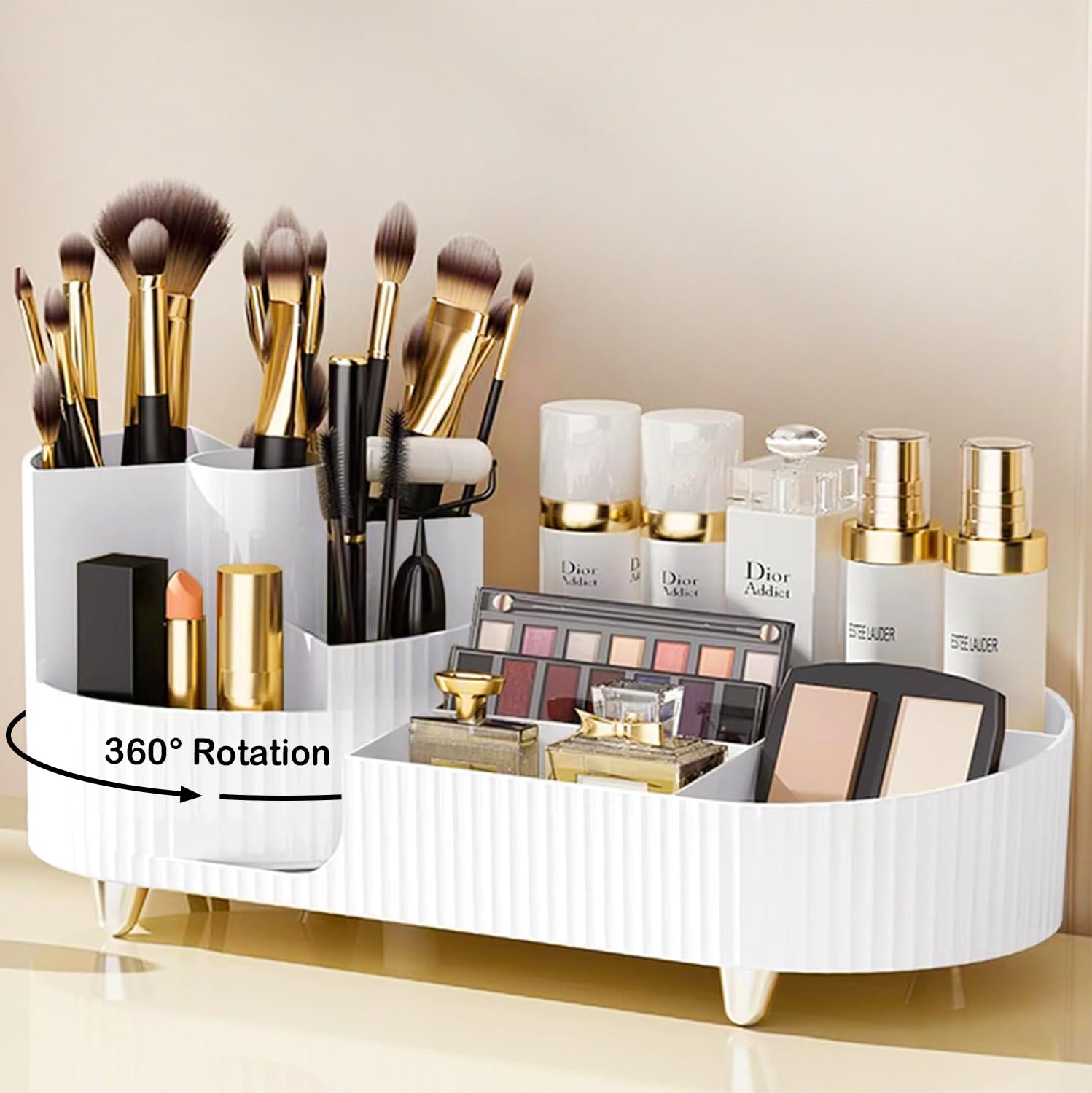 Rotating Makeup Organizer for Vanity with Brush Holder and Drawer, Cosmetic Makeup Storage, Large Spinning Makeup Skincare Organizer, Countertop Makeup Perfume Organizer, Lotions Display Case (Green)