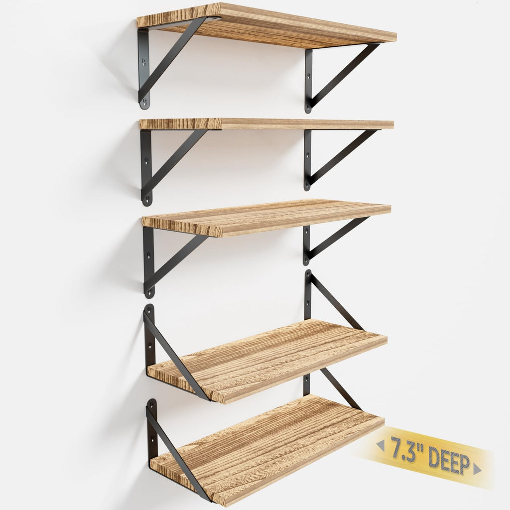 COCOYA Wall Shelves 7.3" Deep Solid Paulownia Wood (Black, Set of 2)