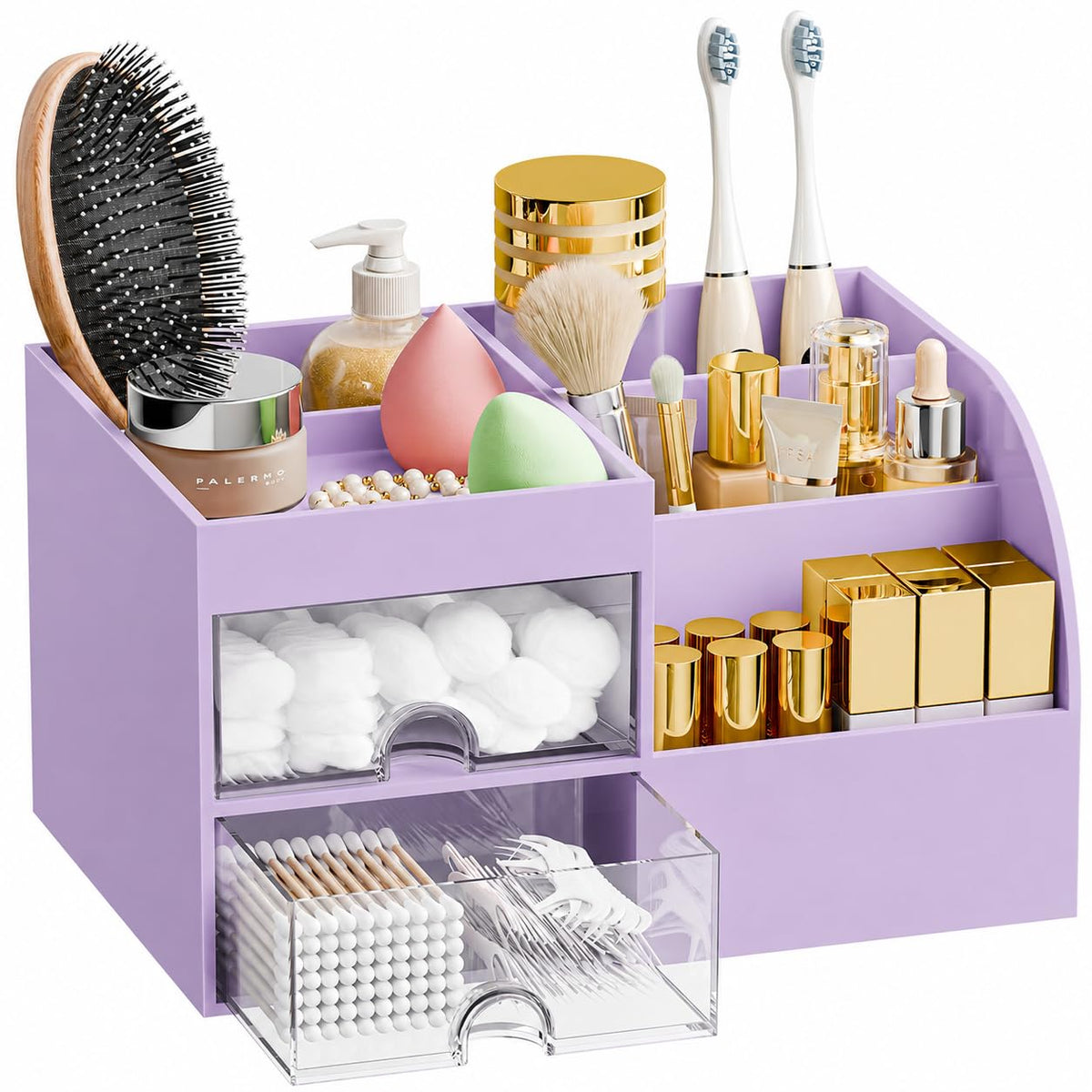 Makeup Organizer with 2 Drawers, Makeup Organizers Countertop for Vanity and Bathroom, Make up organization and Skincare Storage with Brush Holder, for Dresser, Desktop, Cosmetic Display Case(Green)